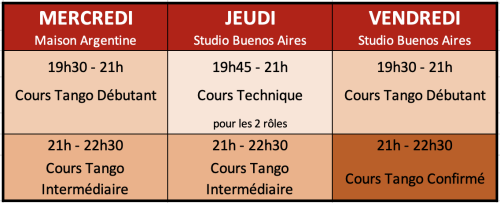 Planning cours de Tango à Paris avec bustelo-tango